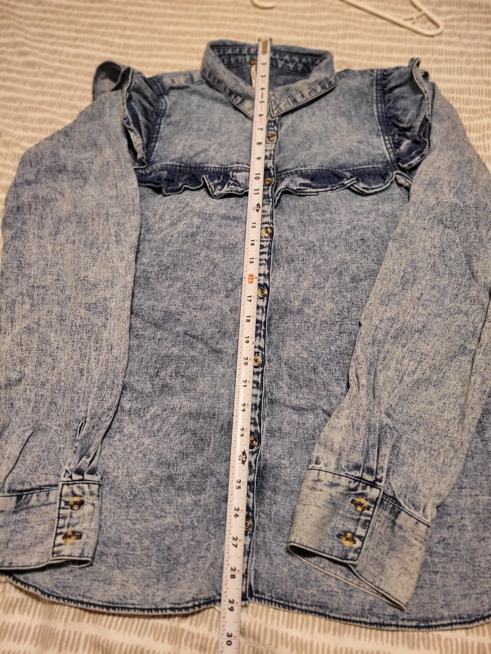Free People Light Washed Denim Ruffle-Trim Blouse